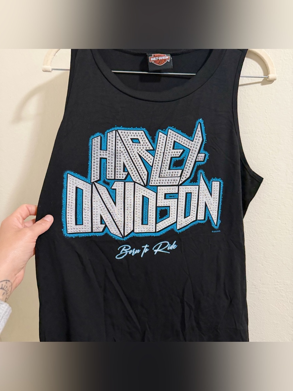 Harley-Davidson Bling Rhinestone Tank Top Medium High Low Teal Blue Born To Ride - Picture 4 of 9